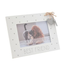 Pet Photo Frame for Dog, Cat or Other Pet - White Frame with The Wording 'Best Friend' & Two Grey Hanging Hearts on a Bow - 6'' x 4''