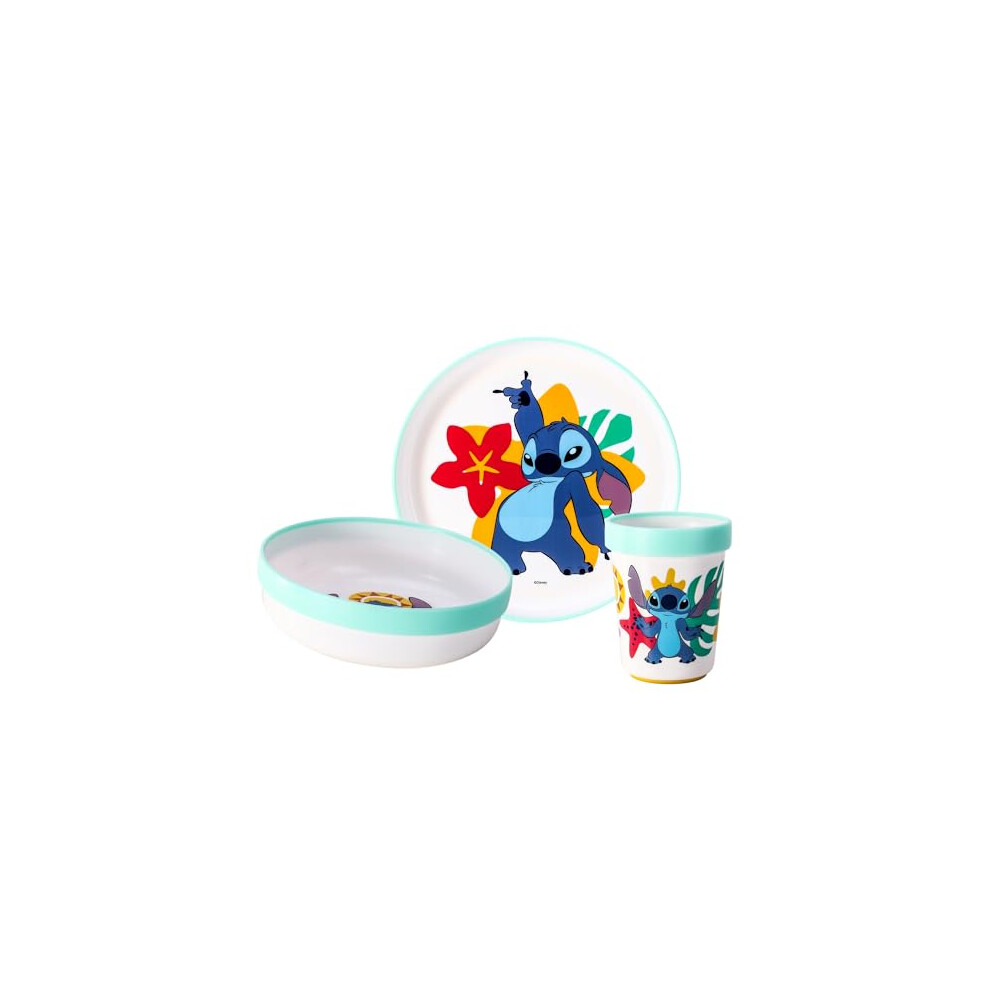 Stitch 3Pcs Bicolor Premium Kids Dinner Tableware Set Plate, Bowl & Tumbler, Bpa Free Zawadi Global