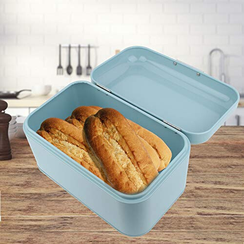 Large Bread Box,Solid Color Retro Metal Bread Bin Box Storage Container for Kitchen Countertop(Blue) 1