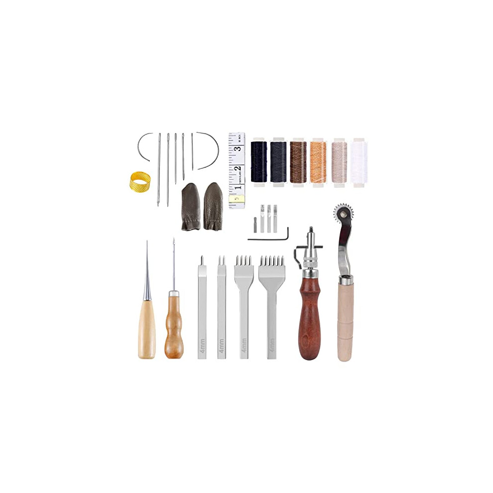 Leather Working Tools Kit, Leather Tool Set with Leather Groover, Prong Punch, Waxed Thread, Sewing Needles Leather Craft Tools for DIY Leather Hand