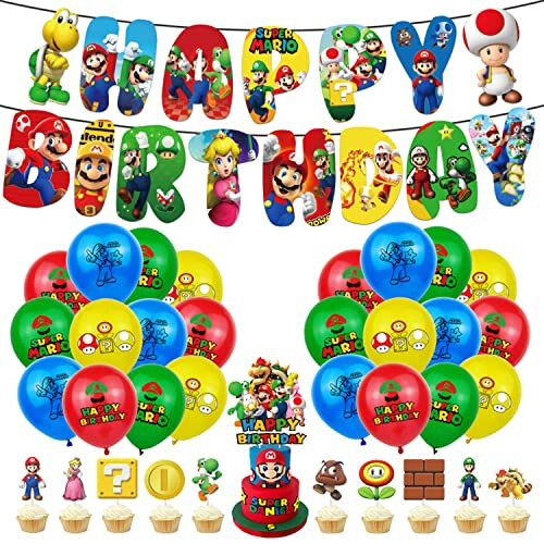 Super Mario Birthday Party Decorations Set - Cake Topper, Banner, Balloons, Cupcake Toppers (24 Pieces)