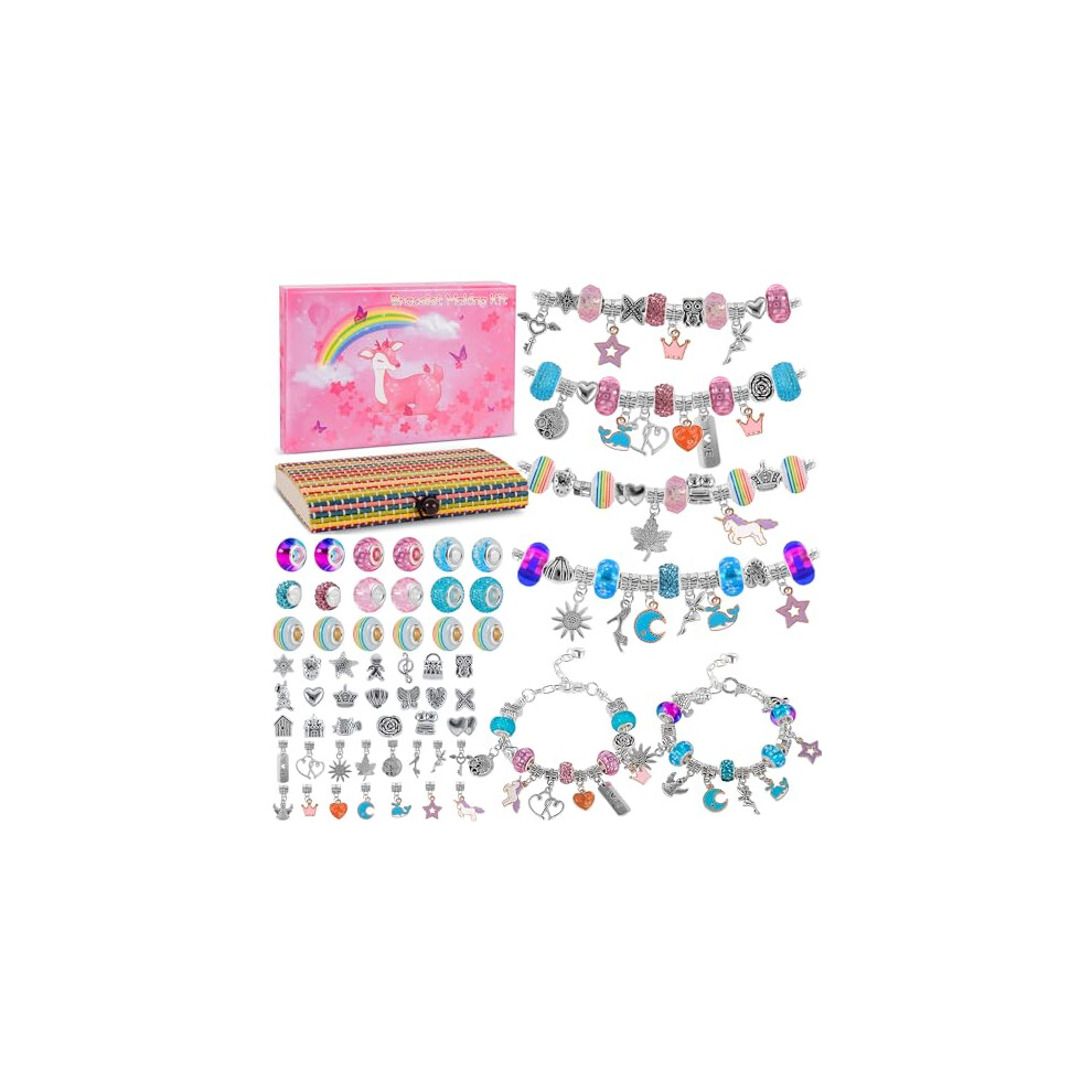 Girls Charm Bracelet Making Set, Hapzoom Girls DIY Bracelet Making Kits for Kids, Present for 8-12 Year Old Girl, DIY Silver Snake Chain Bracelet (Box