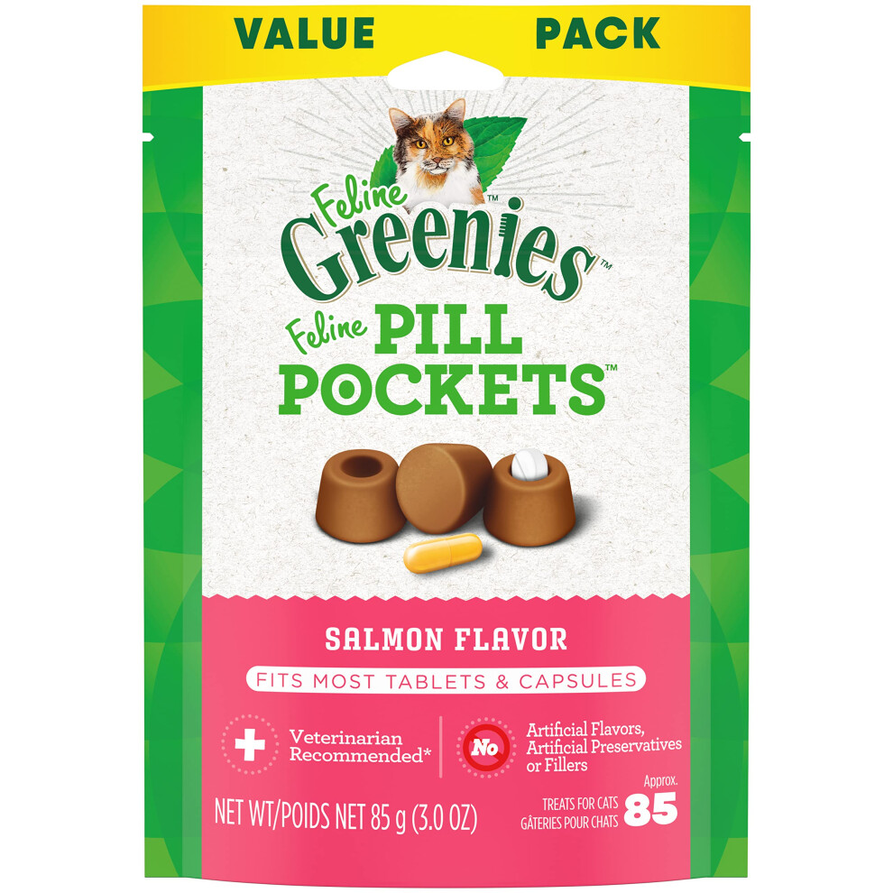 FELINE GREENIES PILL POCKETS for Cats Natural Soft Cat Treats, Salmon Flavor, 3 oz. Pack (85 Treats)