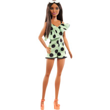 Muñeca Barbie Fashionistas #200 con pelo castaño, mono de lunares verdes & accesorios