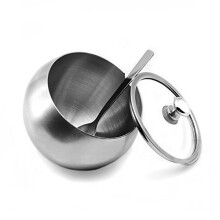 Stainless Steel Sugar Bowl, YOCZOX Small Sugar Bowl with Glass Oblique Opening Lid and Sugar Spoon for Home, Kitchen, Hotel and Cafes, 300 ML (10.5 OZ