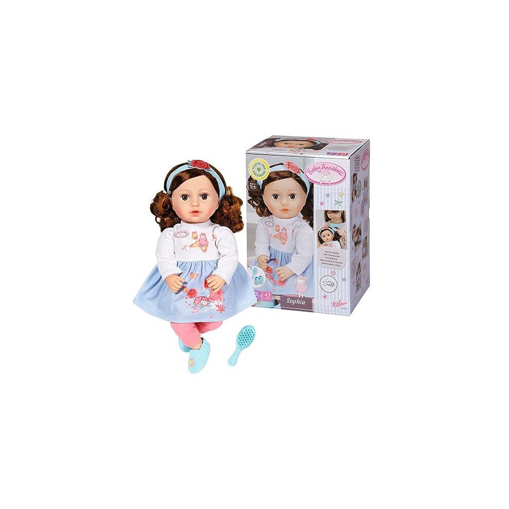 Sophia, brunette 707234 - 43cm Doll with Super Soft Fabric Body with Dress, Leggings & Shoes for Toddlers - Includes Hairband & Brush - Hand Washable