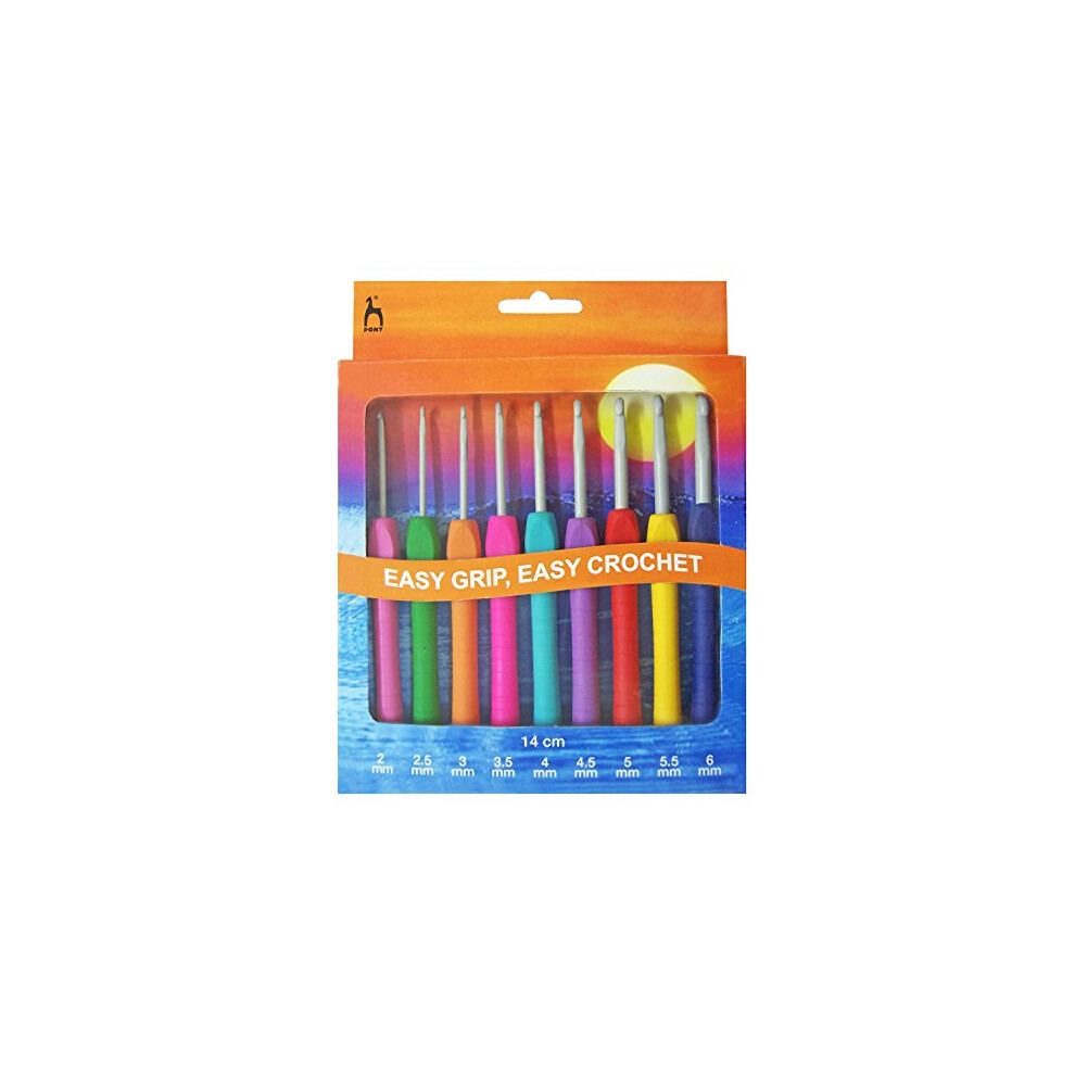 P56810 Crochet Hook Set: Easy Grip with Flat Finger: 14cm x Sizes 2-6mm, Steel, Multi, 12 x 4 x 25 cm