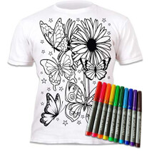 Colour-in Butterflies and Flowers T-Shirt with 10 Non-Toxic Washable Magic Pens - Colour-in and Wash Out T-Shirt (5-6 Years) White