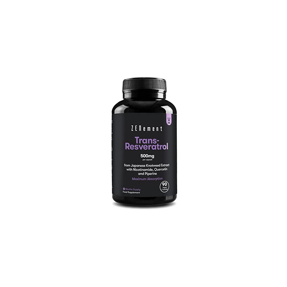 Trans-Resveratrol 500mg, with Nicotinamide, Quercetin and Piperine, 90 Capsules | Anti-Aging, Healthy Aging, Antioxidant | Vegan, Preservatives Free,