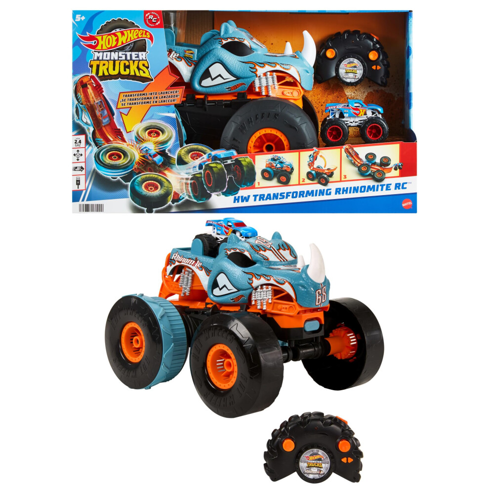 Monster Trucks HW Transforming Rhinomite RC in 1:12 Scale with 1:64 Scale Race Ace Toy Truck, Converts into Launcher, Connects to Orange Track, HPK27