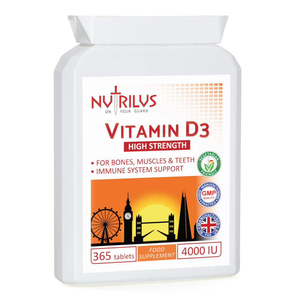 Nutrilus Vitamin D3 High Strength 4000 Iu 365 Tablets - One Daily Supplement - 1 Year Supply - Immune Support - Bones, Muscles, Teeth Health