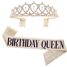 Birthday Queen Sash & Rhinestone Tiara Kit - 21st 30th Birthday Gifts Birthday Sash for Women Birthday Party Supplies (Gold)