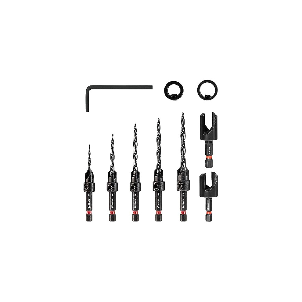 Countersink Drill Bit Set 10pcs, 5Pcs Tapered Countersink Drill Bits for Wood, Wood Counter Sink Bits 2 Wood Plug Cutter, 2 Stop Collar, 1 Hex Wrench