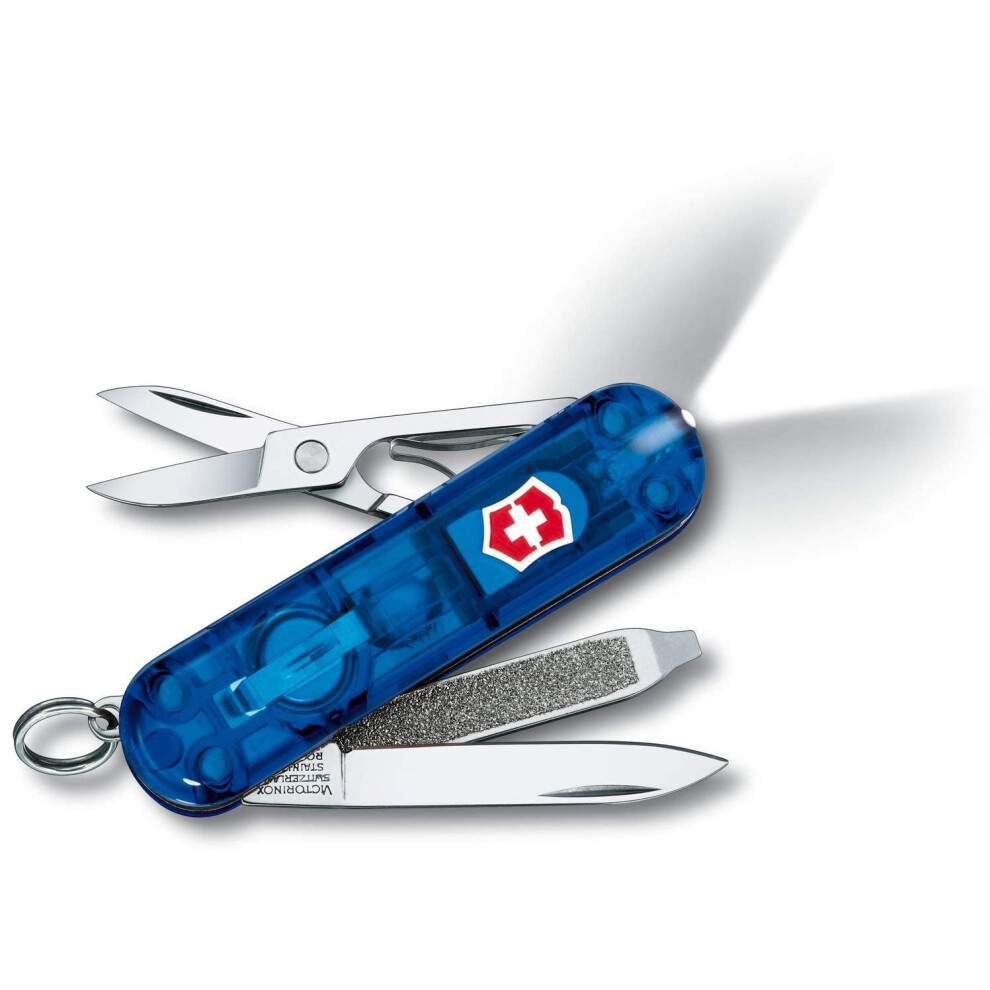 Signature Lite Swiss Army Pocket Knife, Small, Multi Tool, 7 Functions, LED, Pen, Blue Transparent