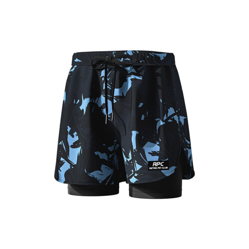 Double Layer Men's Flat Angle Printed Swimming Trunks Black 4XL 1