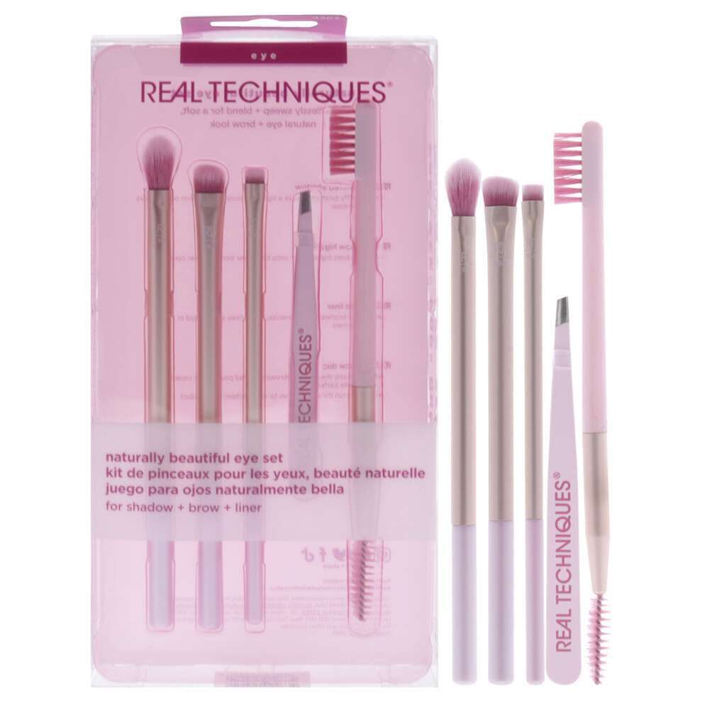 Naturally Beautiful Eye Set by Real Techniques for Women - 5 Pc Tapered Shadow Brush - 355, Brow Highlighter Brush - 354, Flat Liner Brush - 326