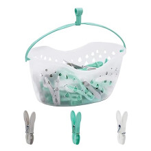 36 Pegs for Washing Line with Hanging Basket | Heavy Duty Clothes Pegs Basket with Drainage Holes | Plastic Washing Pegs Basket for Rotary Line with a