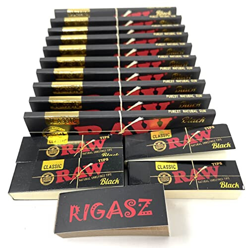 Rigasz Roach and RAW Classic Black King Size Slim [10 Pack + 4 Black Tips] Rolling Papers 1