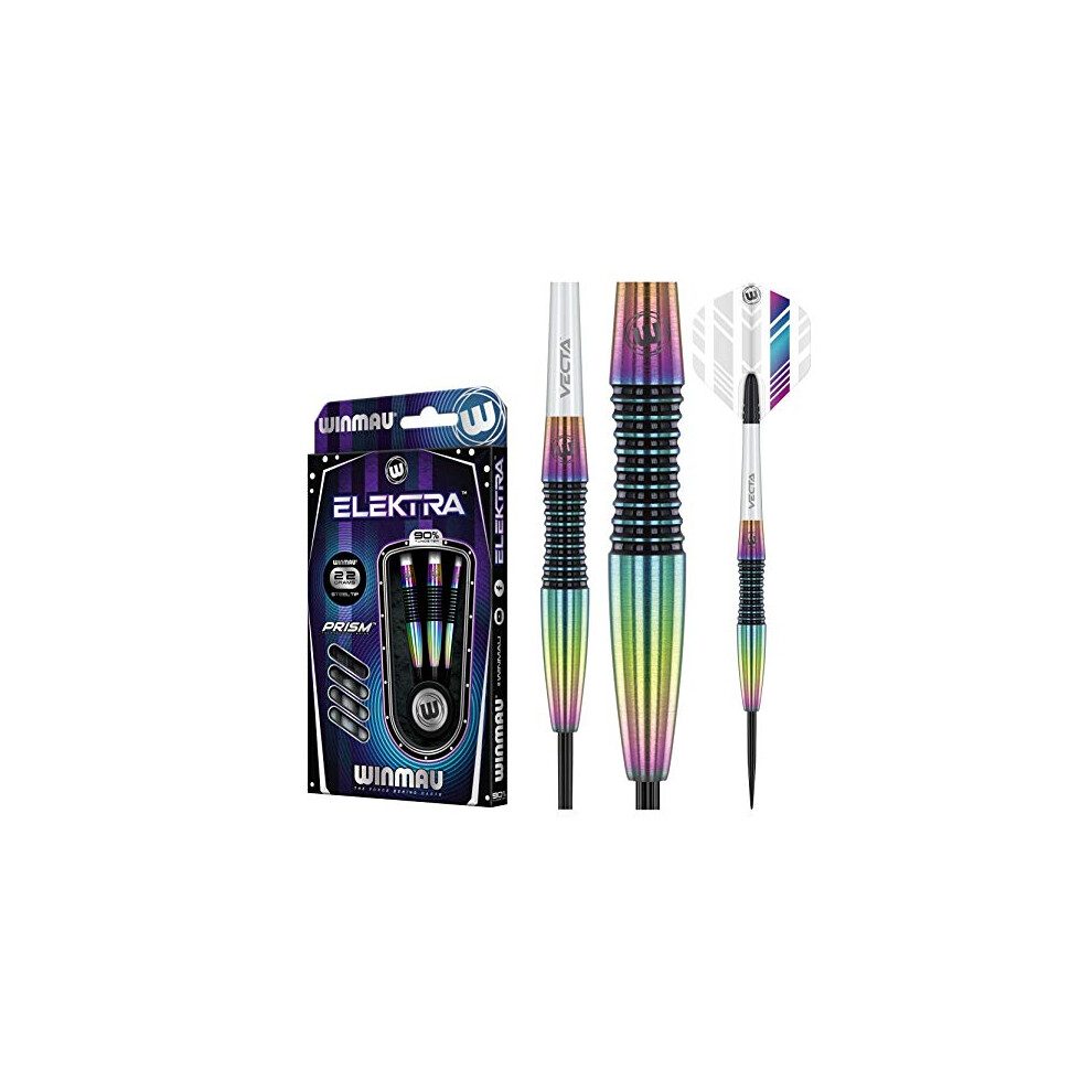 Elektra 90% Tungsten Steel Tip Darts with Prism Flights and Vecta Shafts (Stems) 22 gram - Urban Grip - Match Weighed - Streamline Torpedo Profile