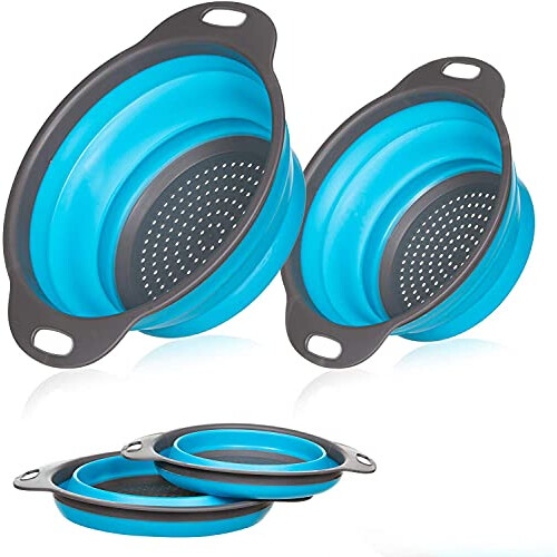 Collapsible Colander,2 Collapsible Colanders Set,Silicone Vegetable/Fruit Flexible strainer,Folding Strainer for Kitchen(Blue) 1