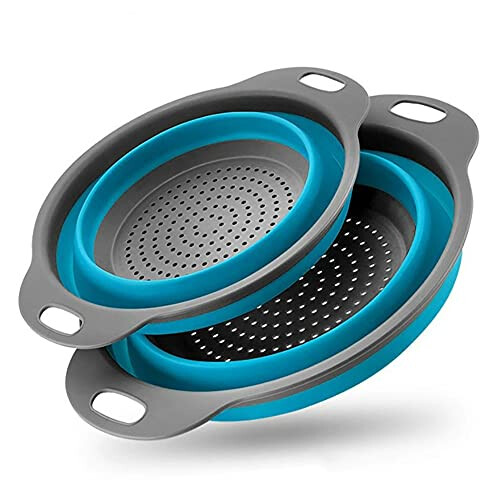 Collapsible Colander,2 Collapsible Colanders Set,Silicone Vegetable/Fruit Flexible strainer,Folding Strainer for Kitchen(Blue)