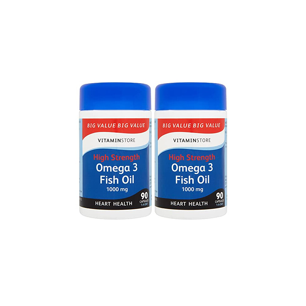 Photos - Vitamins & Minerals Omega 3 Fish Oil High Strength 1000mg Food Supplement, 90 Capsules per Tub, Pack of 2 Tubs, 6 Months Supply
