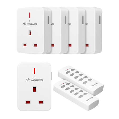 Remote Control Plug Socket, 13A/3120W Heavy Duty Wireless Light Switch, 30m/100ft Long Range, Programmable, CE and RoHS Listed, 5 Pack Sockets and 2
