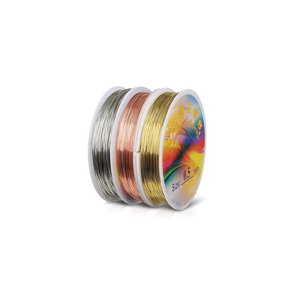 60m 0.5mm Craft Wire for Jewellery Making 24 Gauge Silver/Gold/Rose Gold Copper Craft Wire Tarnish Resistant Copper Beading Wire for Jewelry Making