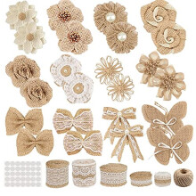 30PCS Burlap Hessian Flowers Set, Include 24 Burlap Flowers and Bowknots, 5 Lace Burlap Ribbon Rolls,1 Twine Ribbon and Glue Point for Wedding Party