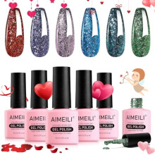 6 Colors Christmas Glitter Gel Nail Polish Shiny Chunky Glitter Gel Polish Soak Off U V Nail Gel Sparkly Gel Nail Art Manicure Varnish Set 8ml - Gift