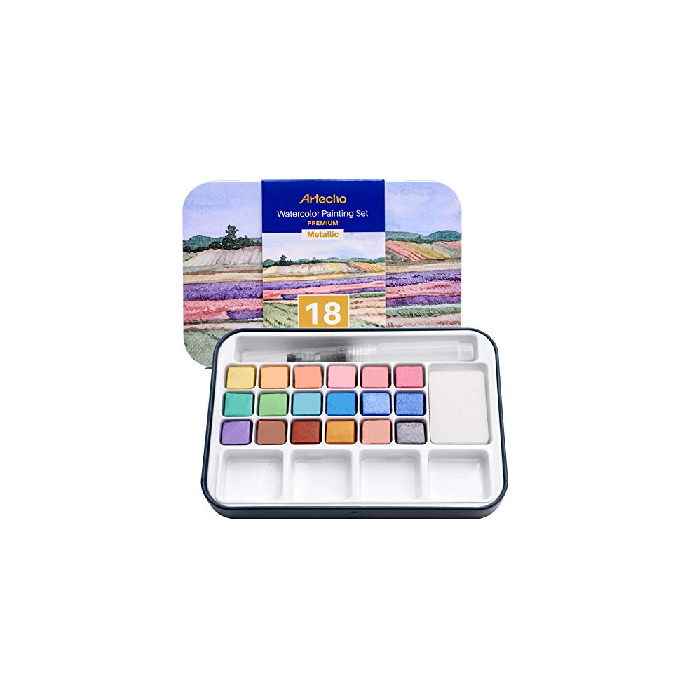 Watercolour Paint Set,18 Metallic Colors, Watertbrush Pen Included, Lightweight and Portable,Watercolour Paints for Artists and Beginners