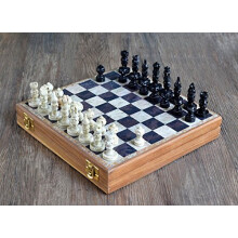 White & Black Marble Chess on Wooden Base + Stone Chess Pieces Pawns - Collectible Marble Chess Board Set - Home Décor - 10" Inches