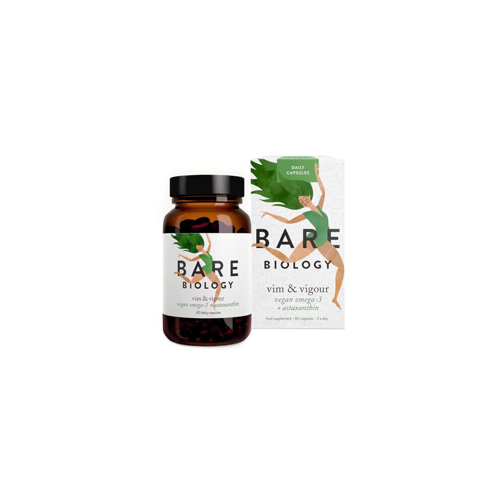 Bare Biology Vegan Omega 3 Algae Oil + Astaxanthin - Vim & Vigour Capsules (30 Servings) Epa 250Mg Dha 500Mg, Sustainably Sourced/Independently Tested For Purity