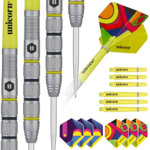Darts készlet | Flair 2 | 80%-ban természetes volfrám hordók fekete-sárga díszítéssel és lézerrel maratott U logóval | Acél hegy - 21 g