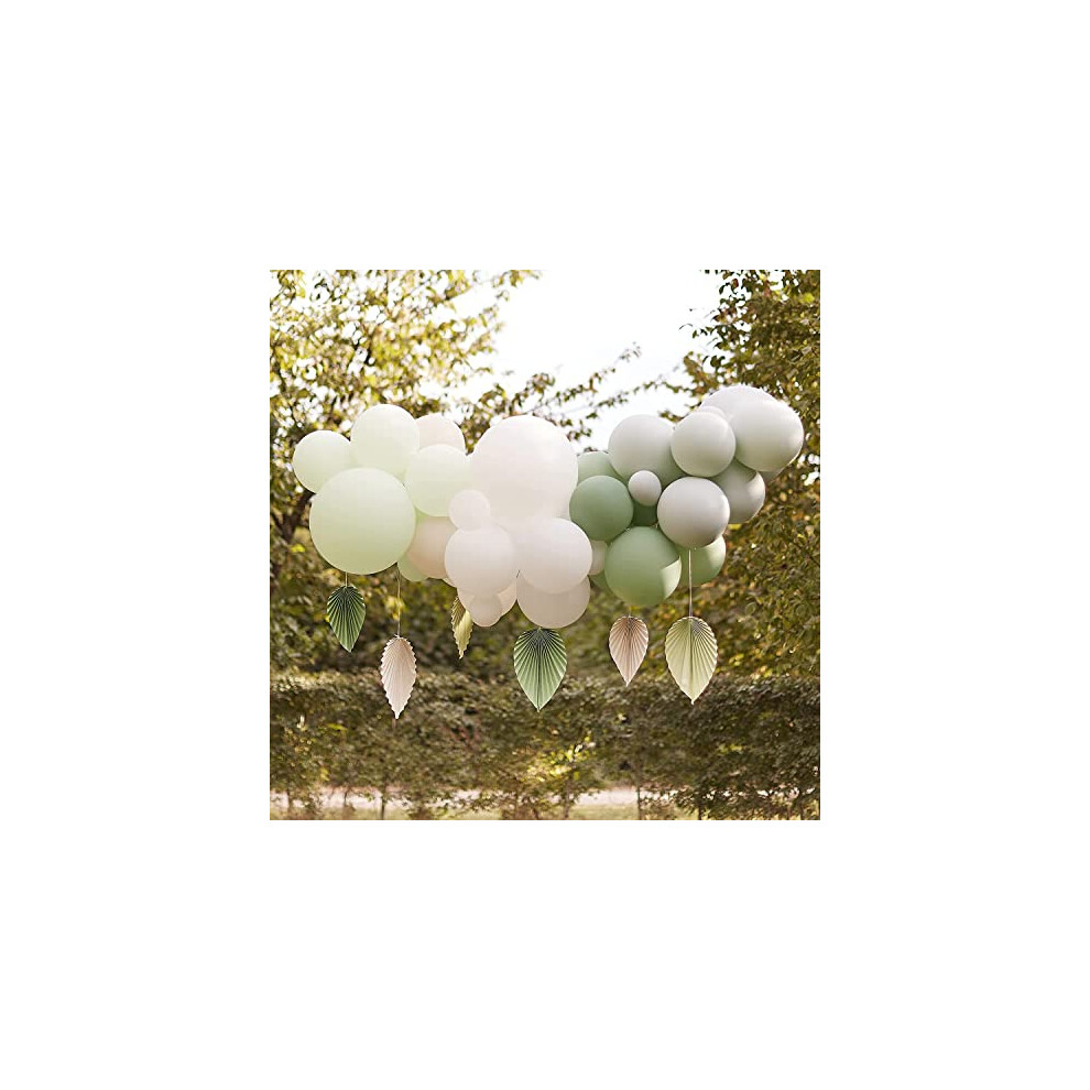 Sage Green and Neutral Balloon Cloud Arch with Integrated Paper Fan Decorations, Ideal for Birthday Parties, Weddings and Baby Showers