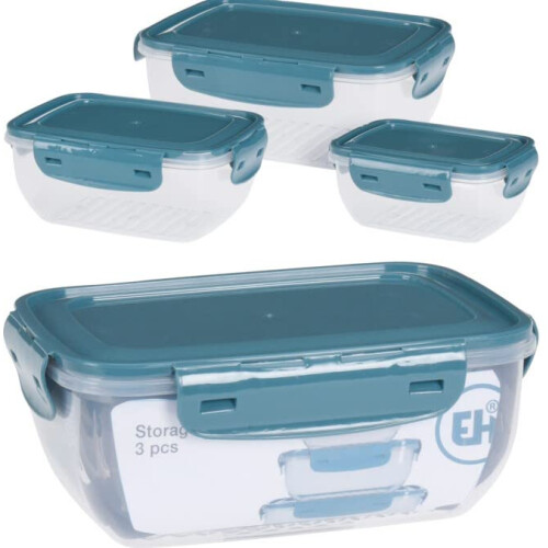 3-Piece Rectangular Plastic Storage Boxes with Lids - Airtight, BPA-Free, Stackable Tupperware Set (Grey) 400ml/800ml/1400ml | Model 024000180
