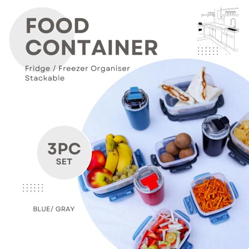 3-Piece Rectangular Plastic Storage Boxes with Lids - Airtight, BPA-Free, Stackable Tupperware Set (Grey) 400ml/800ml/1400ml | Model 024000180 1