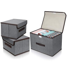 3 Pcs Fabric Foldable Storage Boxes with Lids (2 Size), Grey Collapsible Storage Bins with Handles for Toy, Books, Bedroom Closet Office Living Room