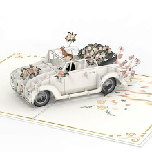 papercrush Pop-Up Card Wedding Car, 3D Wedding Day Card Just Married with Bride & Groom in Vintage Car, Handmade Engagement Card Mr & Mrs, Gift Card