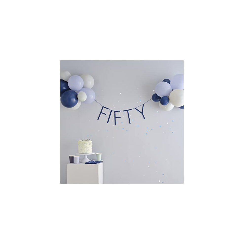 50th Navy Blue Birthday Party Eco Banner Fifty Bunting Hanging Decoration with Included Balloons