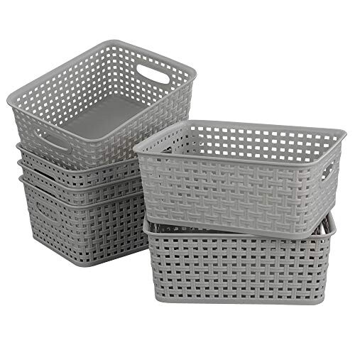 6-Pack Silver Grey Plastic Woven Baskets, Gray Weave Storage Basket
