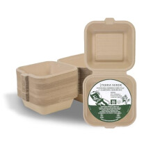 Disposable Bamboo Fibre Pulp Burger Clamshell 6x6inch Box I Pack of 50 To Go Container I Unbleached Natural Brown I 100% Eco-friendly I Sturdy for