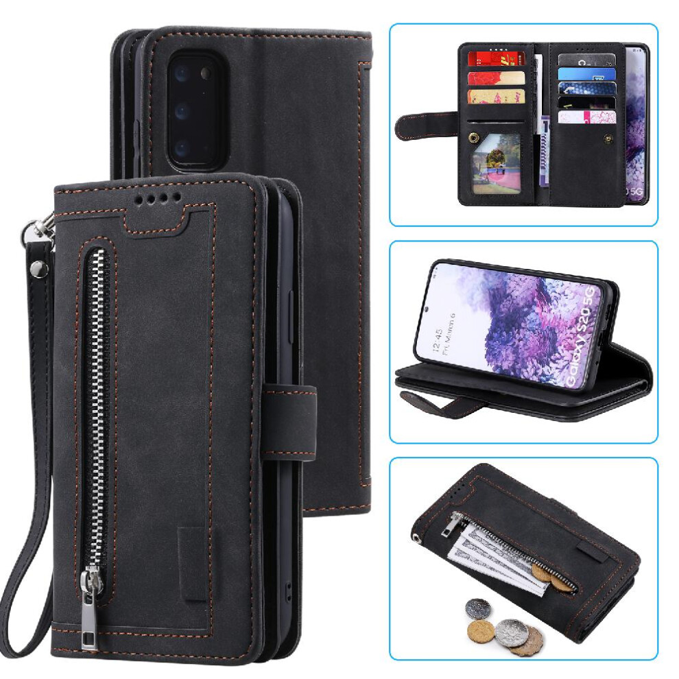 (Black) Flip Case For Samsung Galaxy S20 Pu Leather Lanyard Kickstand Wallet 9 Card Slots Black 764762741204