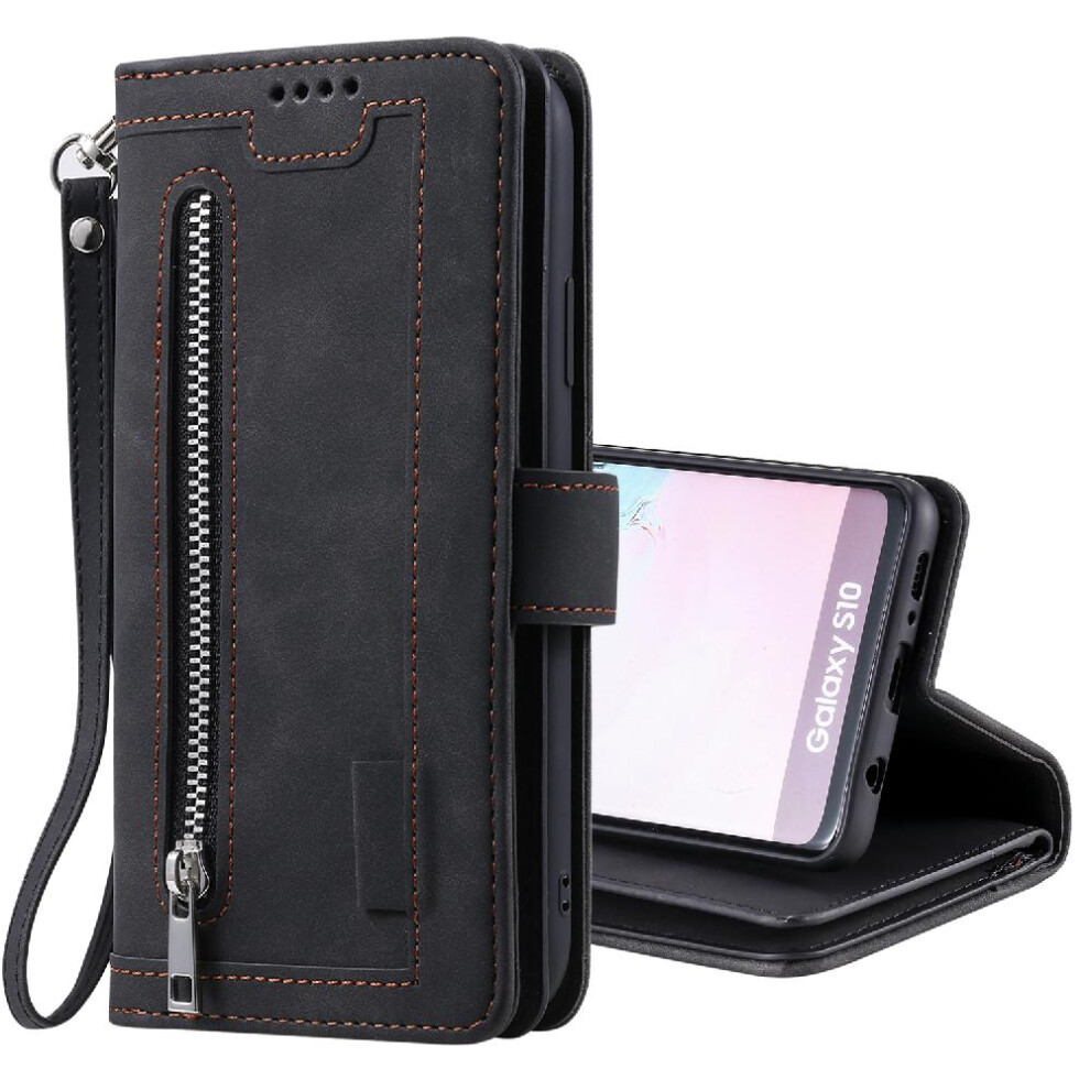 (Black) Flip Case For Samsung Galaxy S10e 9 Card Slots Kickstand Pu Leather Wallet Lanyard Black 764762741327