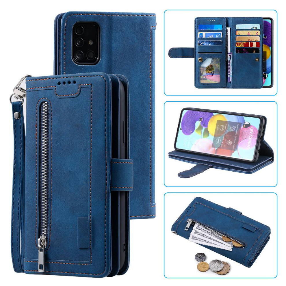 (Blue) Flip Case For Samsung Galaxy A51 4G Lanyard Pu Leather Kickstand Wallet 9 Card Slots Blue 764762742850