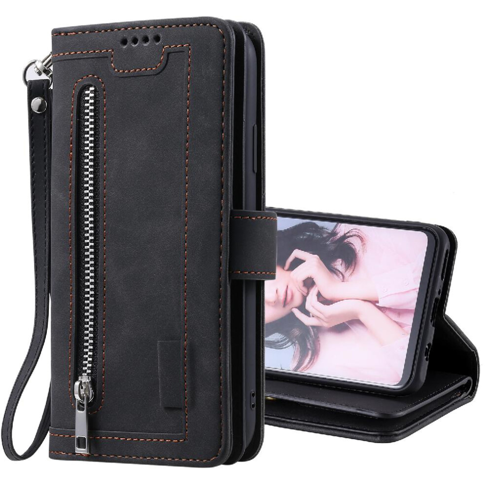 (Black) Flip Case For Samsung Galaxy A20/A30 Kickstand 9 Card Slots Lanyard Wallet Pu Leather Black 764762743185