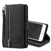 (Black) Flip Case for iphone Se 2022/2020 Lanyard Pu Leather Kickstand Wallet 9 Card Slots