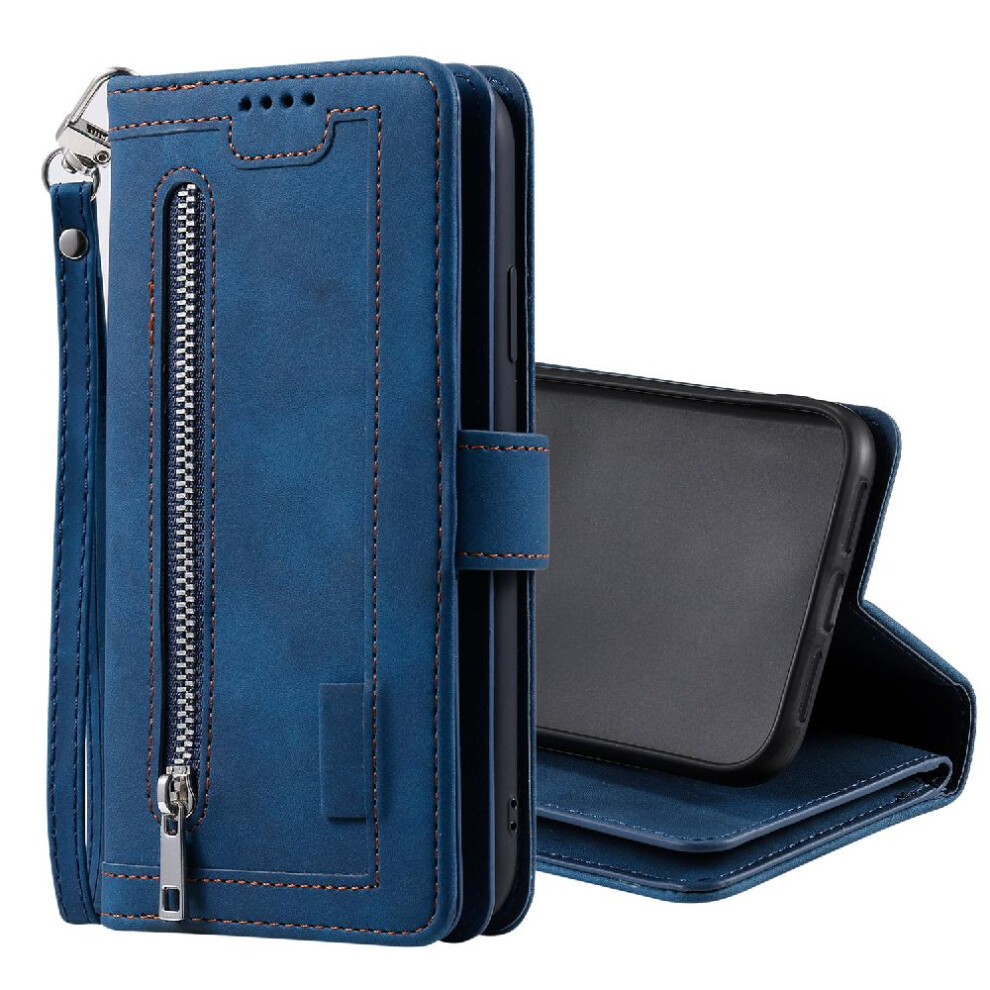 (Blue) Flip Case For Iphone 15 Pu Leather 9 Card Slots Lanyard Wallet Kickstand Blue 764762743970