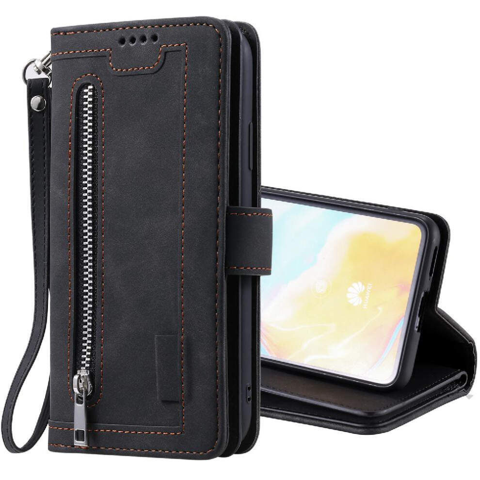 (Black) Flip Case For Huawei P40 9 Card Slots Pu Leather Kickstand Lanyard Wallet Black 764762744427
