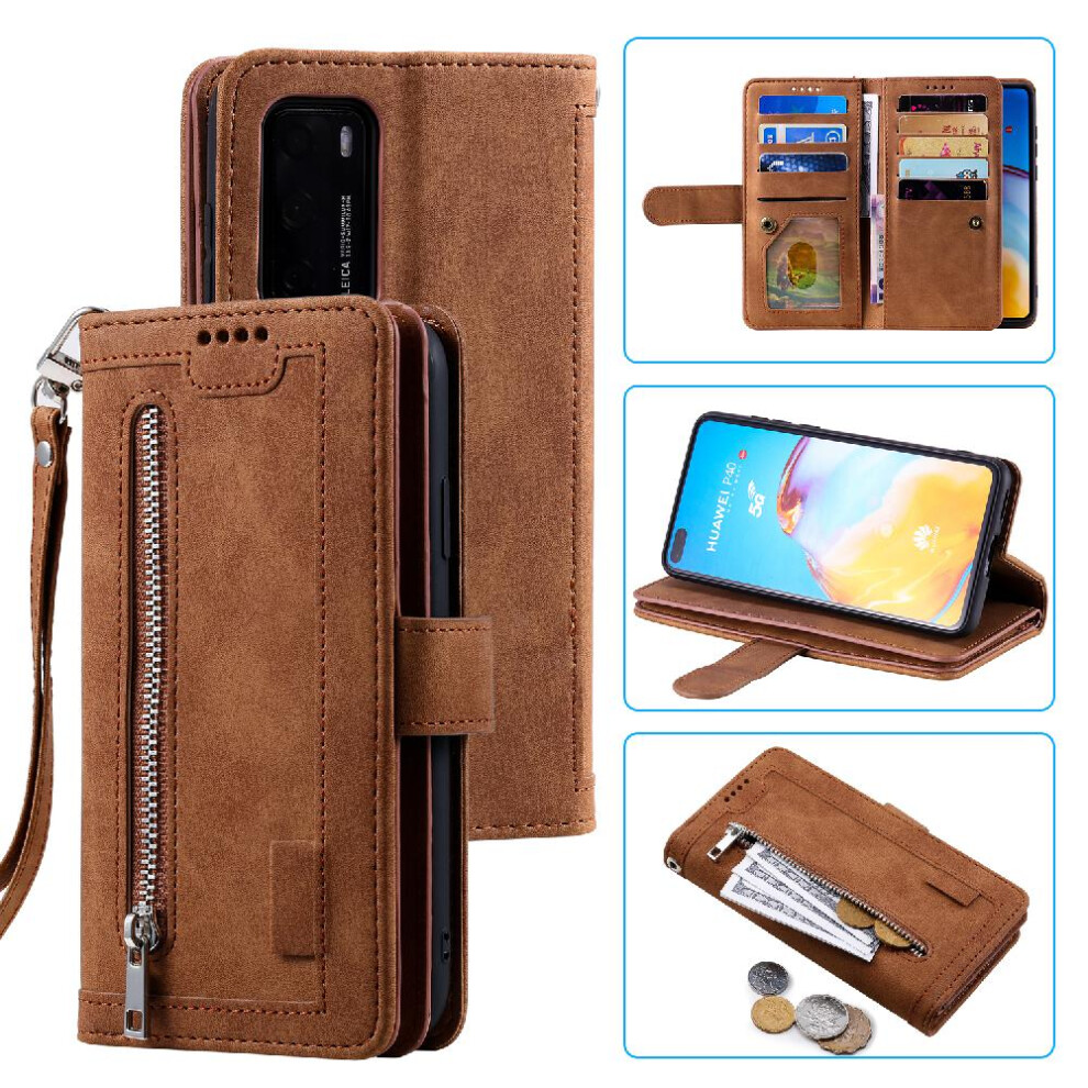 (Brown) Flip Case For Huawei P40 9 Card Slots Pu Leather Kickstand Lanyard Wallet Brown 764762744441